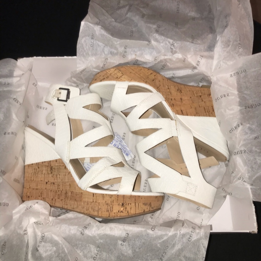 White Snakeskin Wedge Sandals GUESS